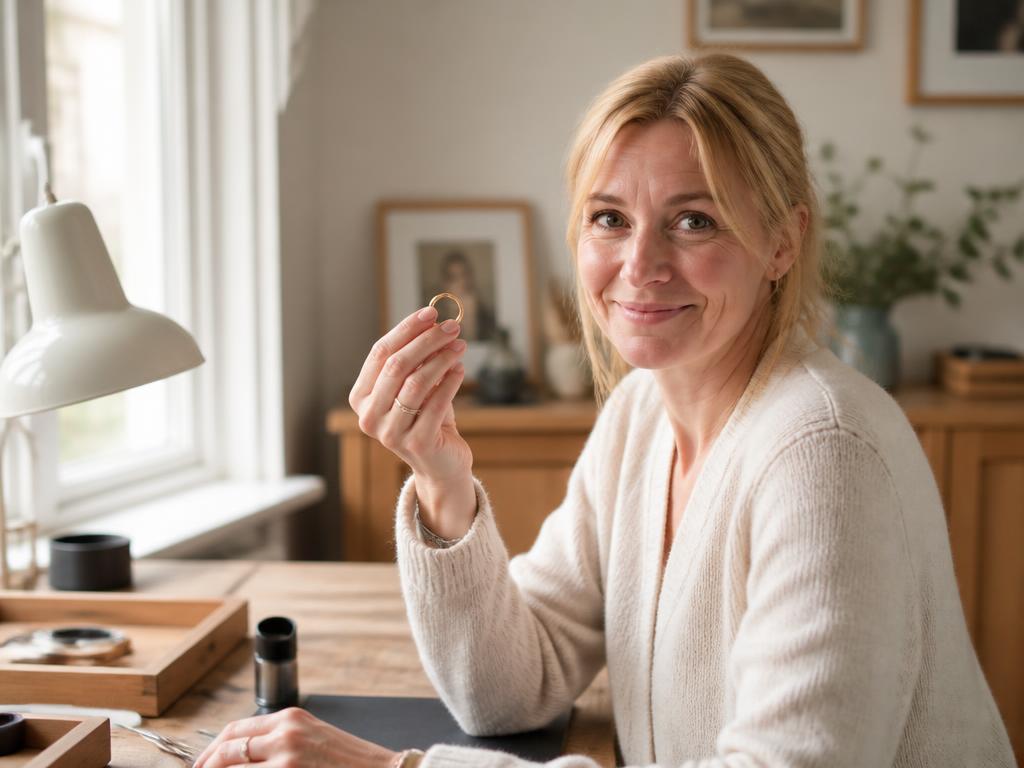 Värderare på Guldbyrån håller upp en guldring i dagsljus